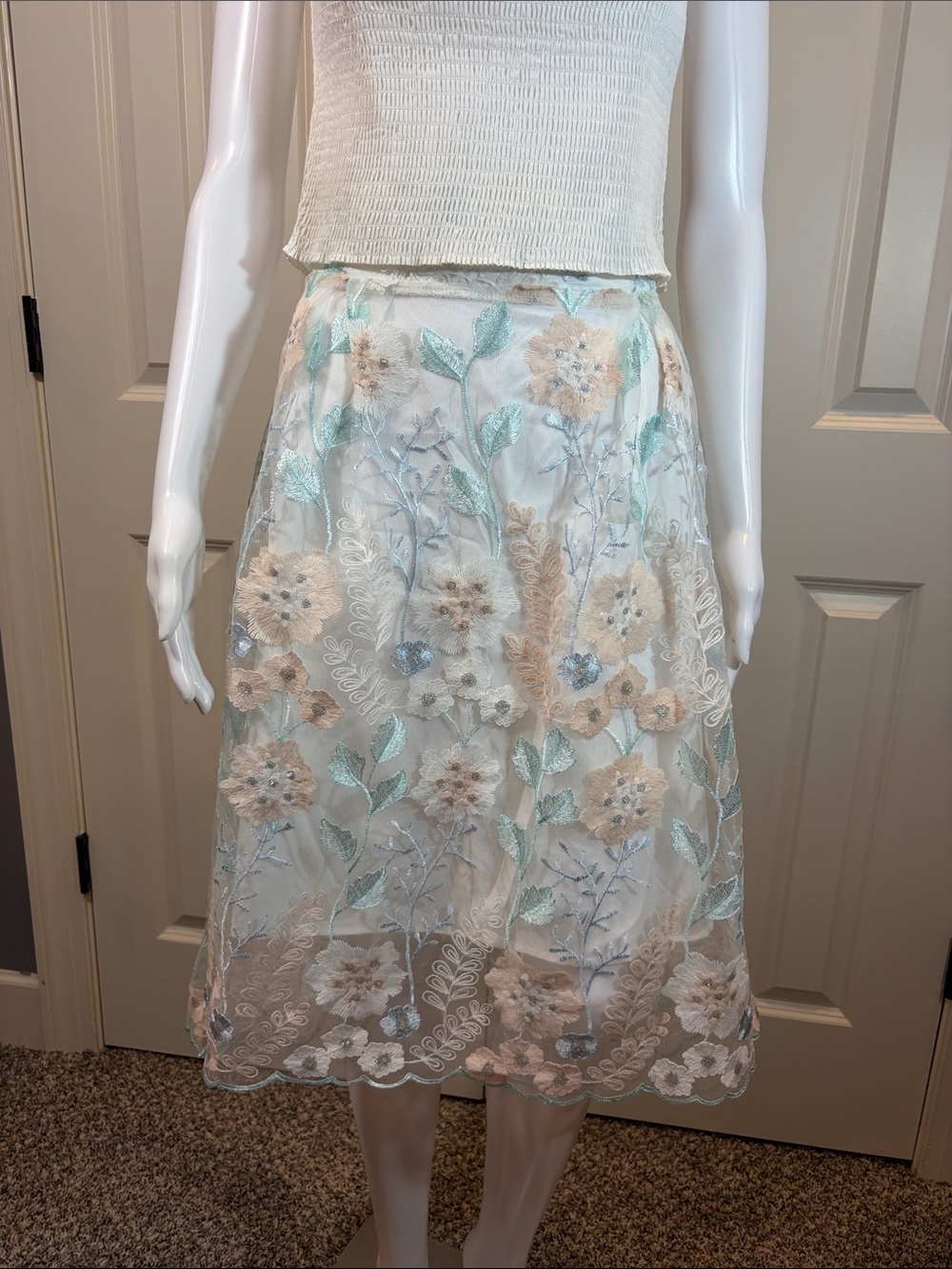 Chicwish White Midi Skirt with Mint and Blush Floral Embroidery